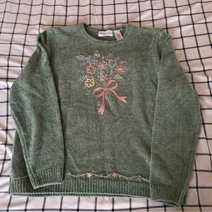 Alfred Dunner Green Sweater with Floral Embroidery